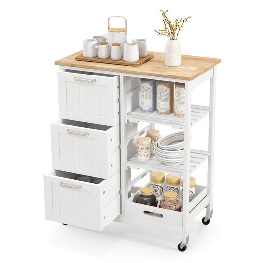 Kitchen Island Cart Mobile Storage Organizer w/ 3 Large Drawers 2 Open Shelves
