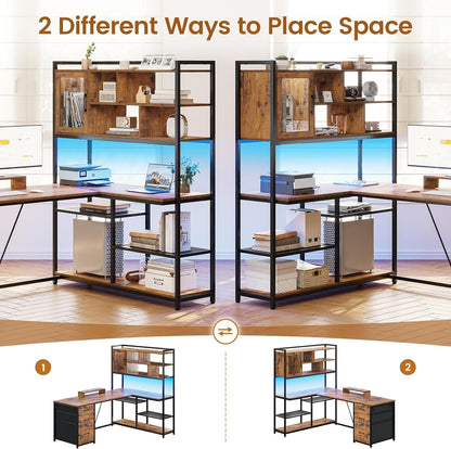 L Shaped Computer Desk with LED Light &Bookshelf 58'' Office Desk with 3 Drawers
