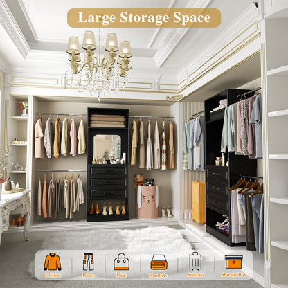 48''-96'' Walk-in Closet Organizer System with Mirror ＆ Drawers ＆ 3 Hanging Rods