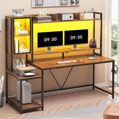 60'' Gaming Desk with Hutch and LED Lights, Computer Desk with Storage Shelves