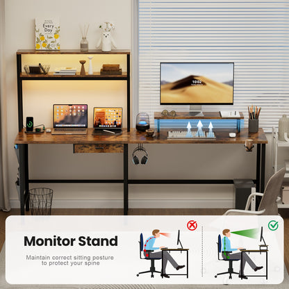 L Shaped Gaming Desk with LED & Power Outlets, Computer Desk with Monitor Stand
