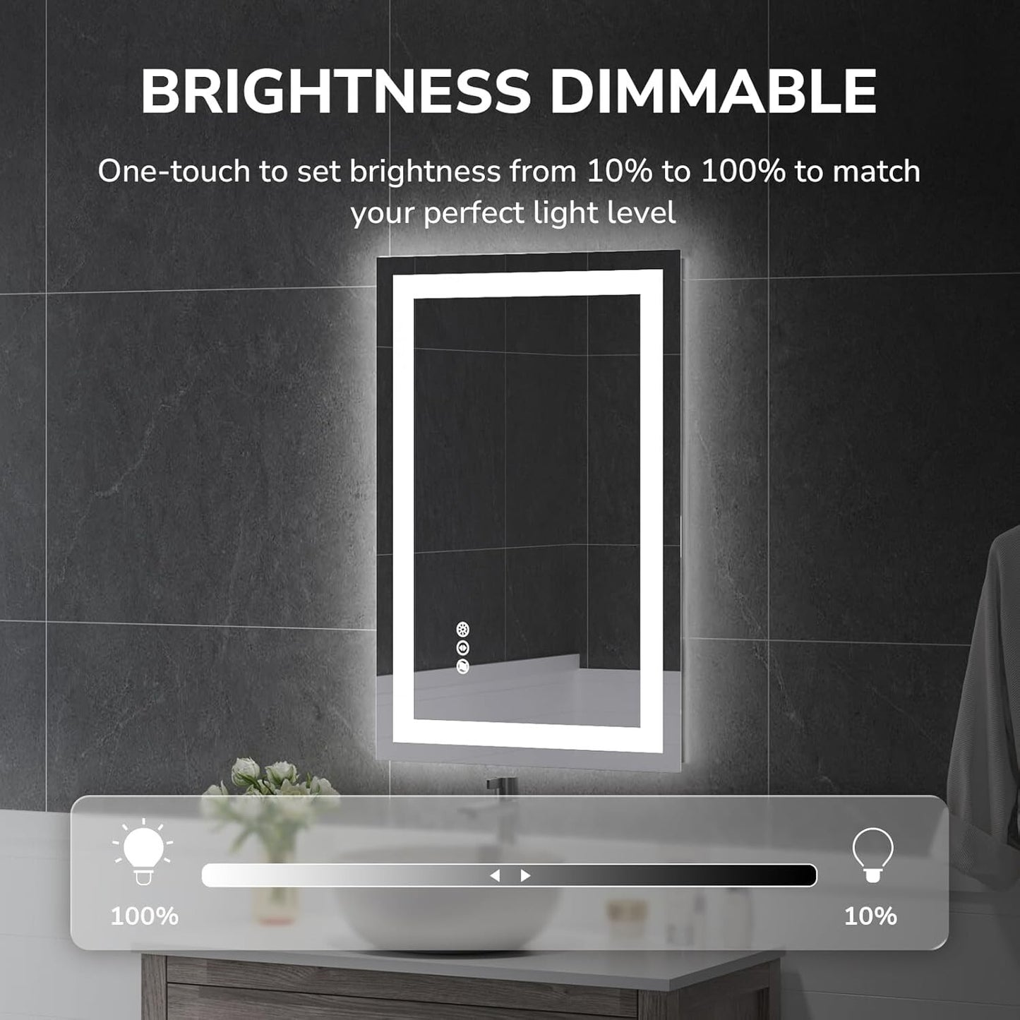 24x36in LED Bathroom Mirror Wall Vanity Mirror Dimmable Anti-fog Tempered Glass