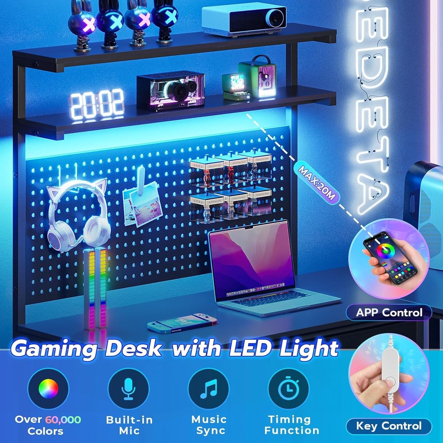 L Shaped Gaming Desk with LED Lights&Monitor Stand Computer Desk for Home Office