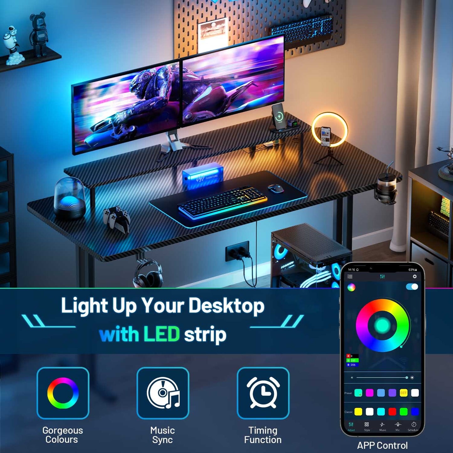 Gaming Desk with LED Lights & Power Outlets, Gamer Desk with Monitor Stand