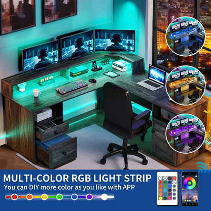 60" Lift Top L Shaped Desk with Power Outlets & LED Lights Corner Computer Desk