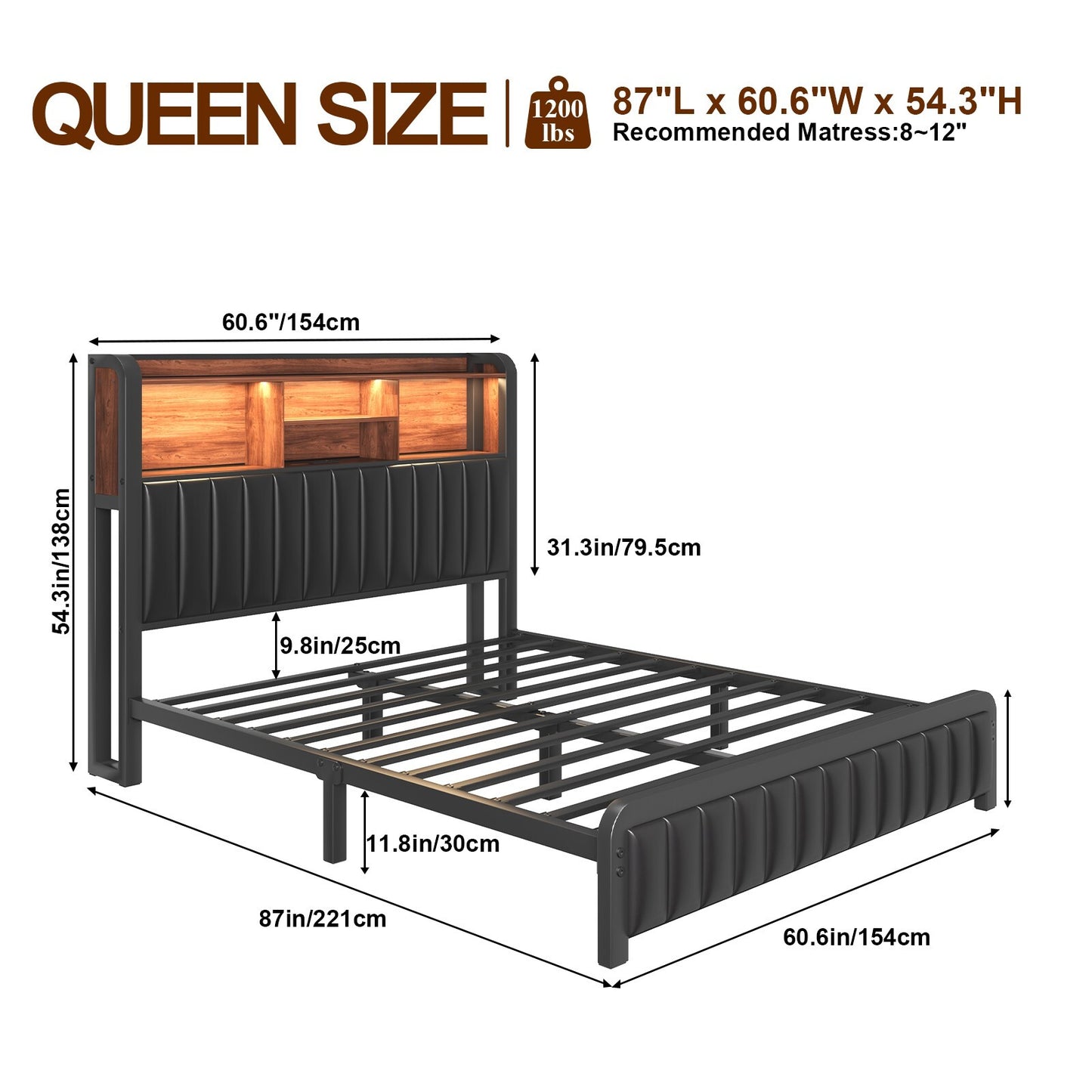 Queen Size LED Bed Frame with 3-Tier Storage Headboard＆Charging Station