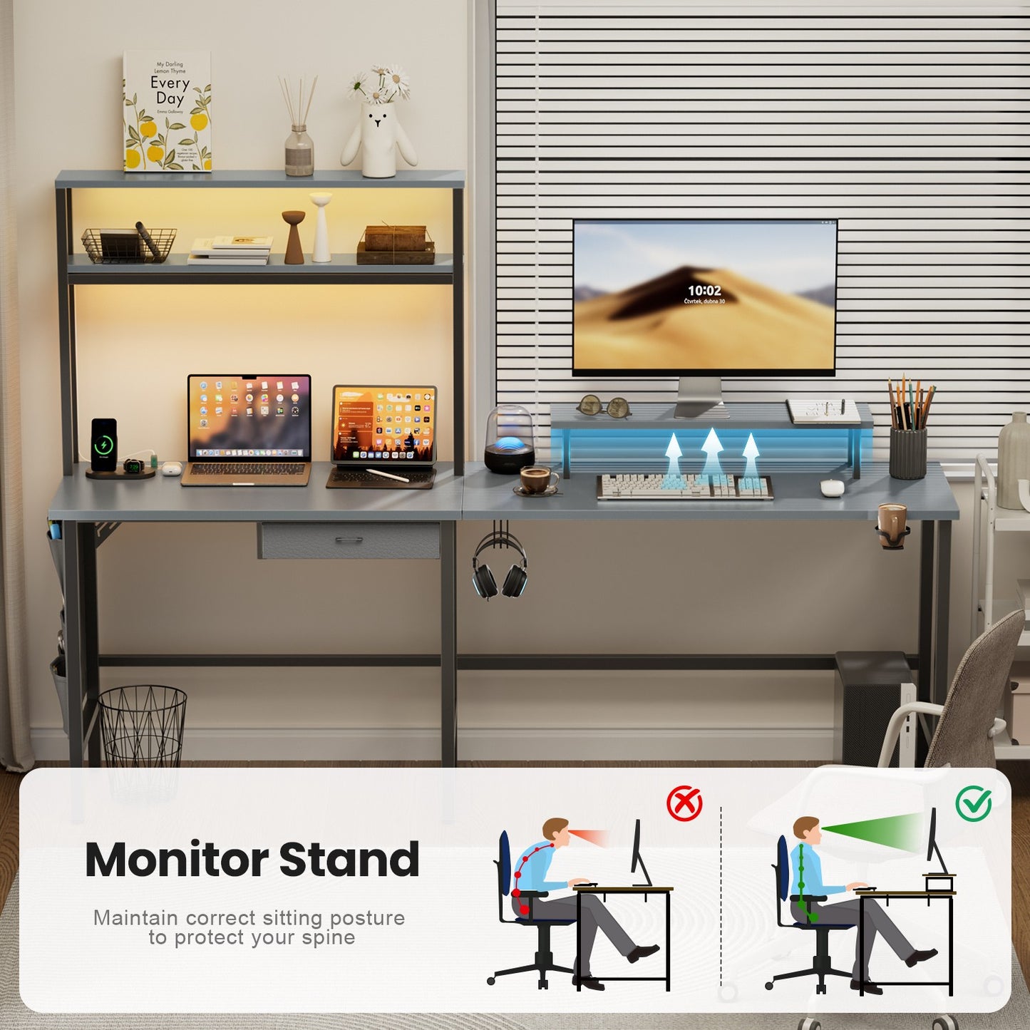 L Shaped Gaming Desk with LED & Power Outlets, Computer Desk with Monitor Stand