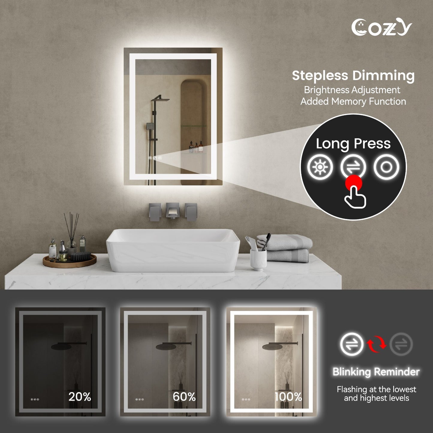 20x28'' LED Bathroom Mirror Wall Vanity Mirror Dimmable Anti-fog Tempered Glass