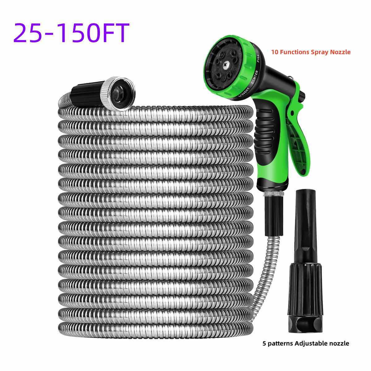 25/50/75/100/150FT Stainless Steel Flexible Garden Water Hose 2X Spray Nozzle