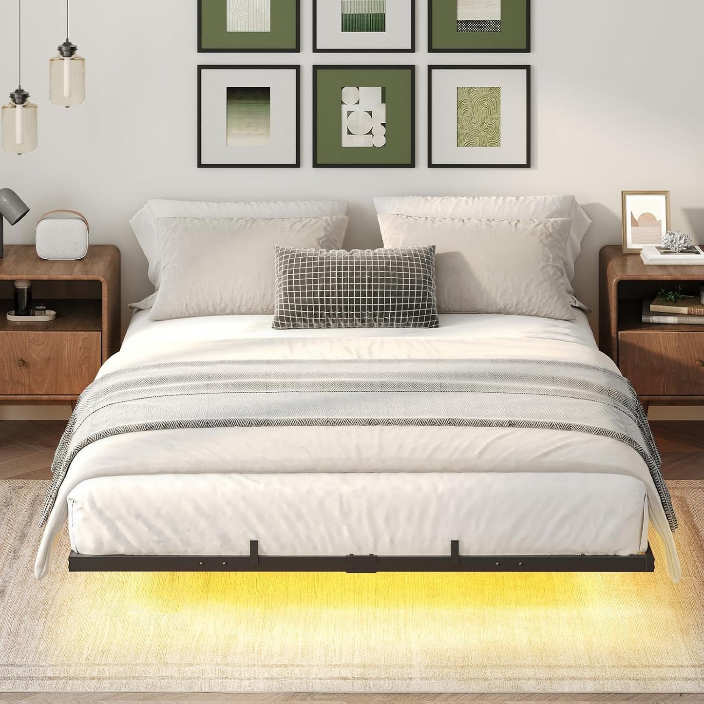 HOOBRO Floating Bed Frame Full Size Bed Frame w/Charging Station and LED Lights