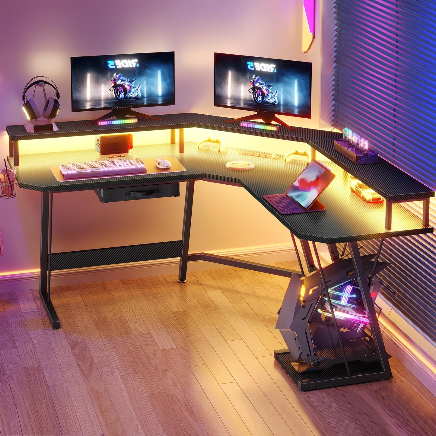 L-Shaped Gaming Desk Corner Table Computer Desk with RGB Light & Power Outlets