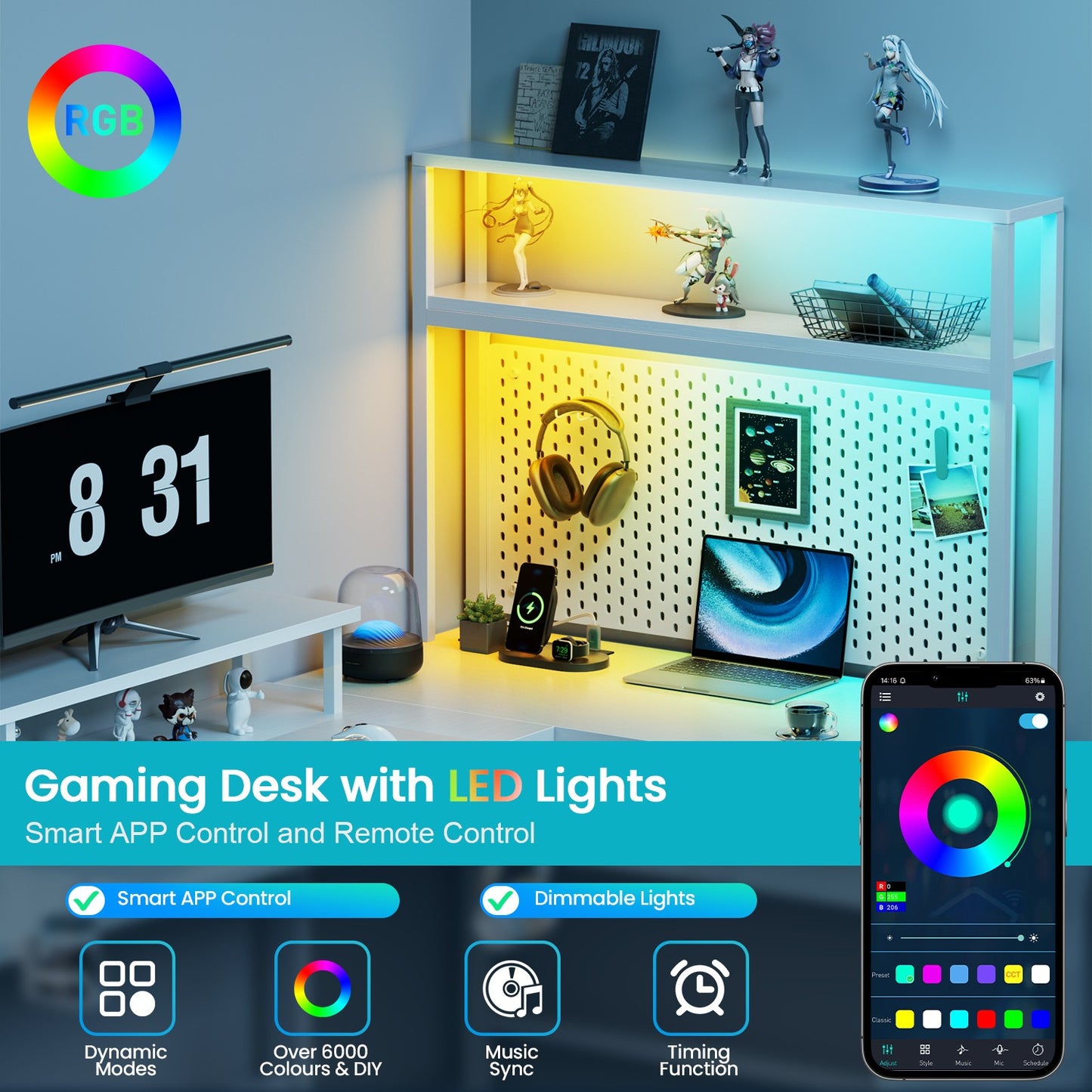 L Shaped Gaming Desk with LED & Power Outlets, Computer Desk with Monitor Stand