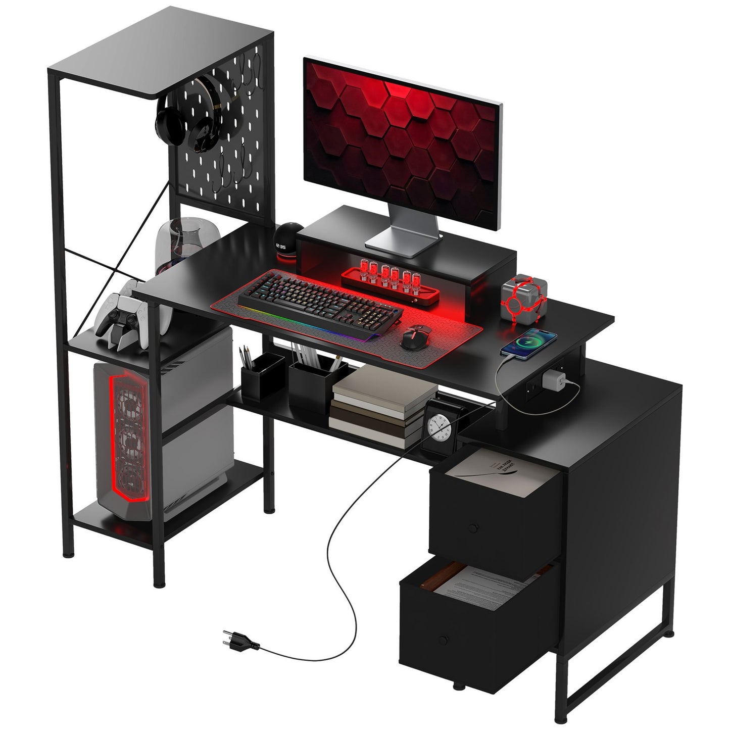 56" Computer Desk with LED Lights, PC Desk with Monitor Stand, Black