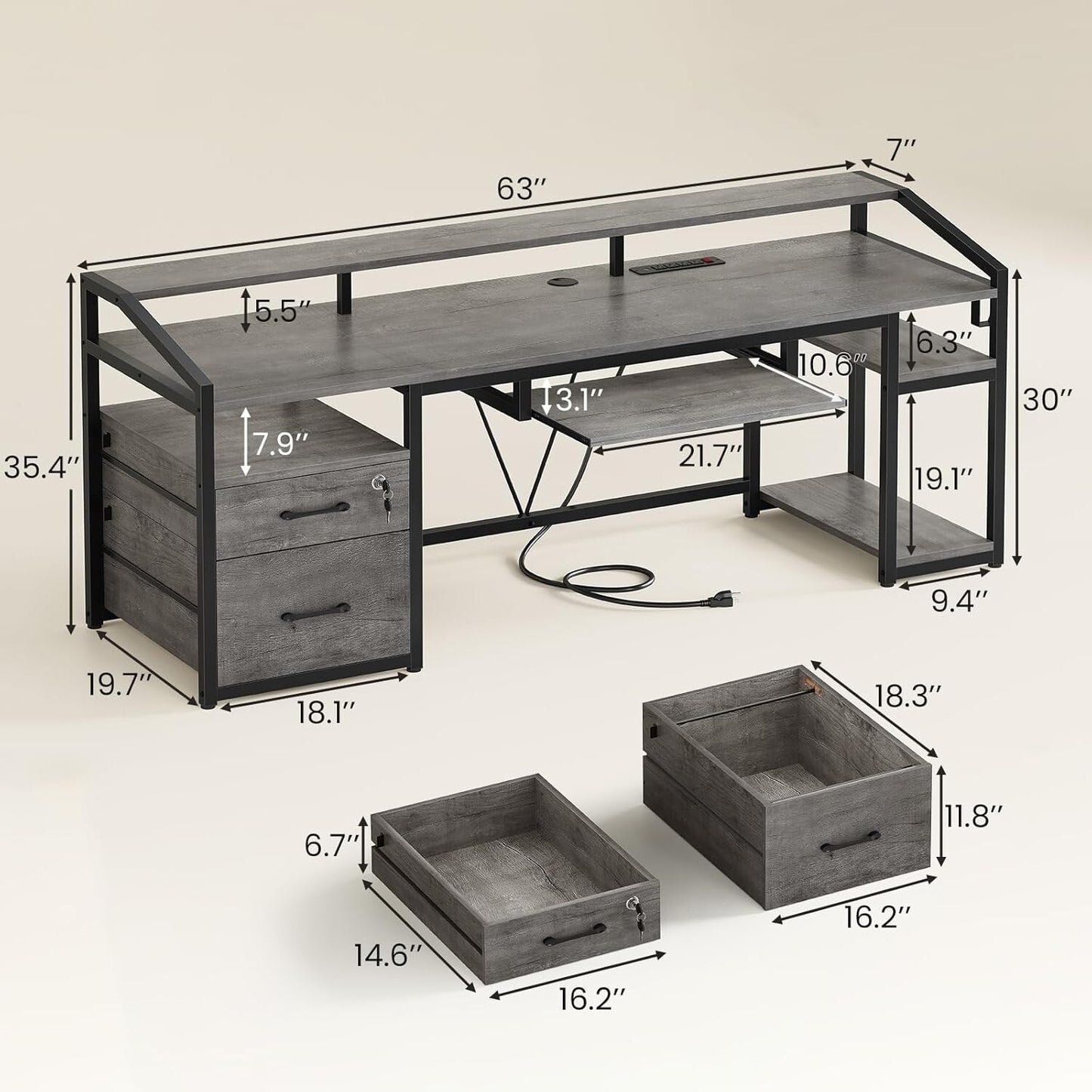 Computer Desk with LED Lights & Power Outlet, Office Desk with Lockable Drawers