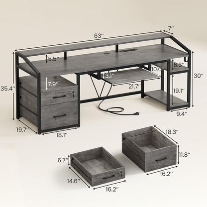 Computer Desk with LED Lights & Power Outlet, Office Desk with Lockable Drawers