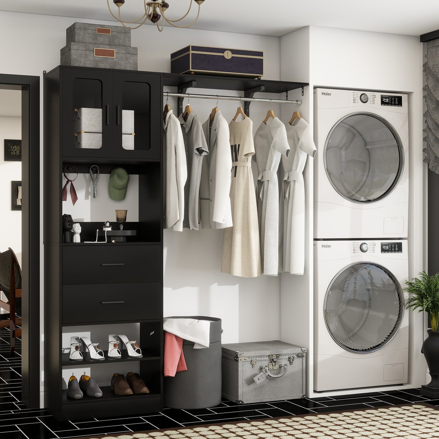 60'' W Walk-in Closet Organizer System with Door Storage Cabinet and Wood Drawer