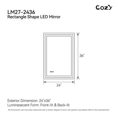 24x36'' LED Bathroom Mirror Wall Vanity Mirror Dimmable Anti-fog Tempered Glass