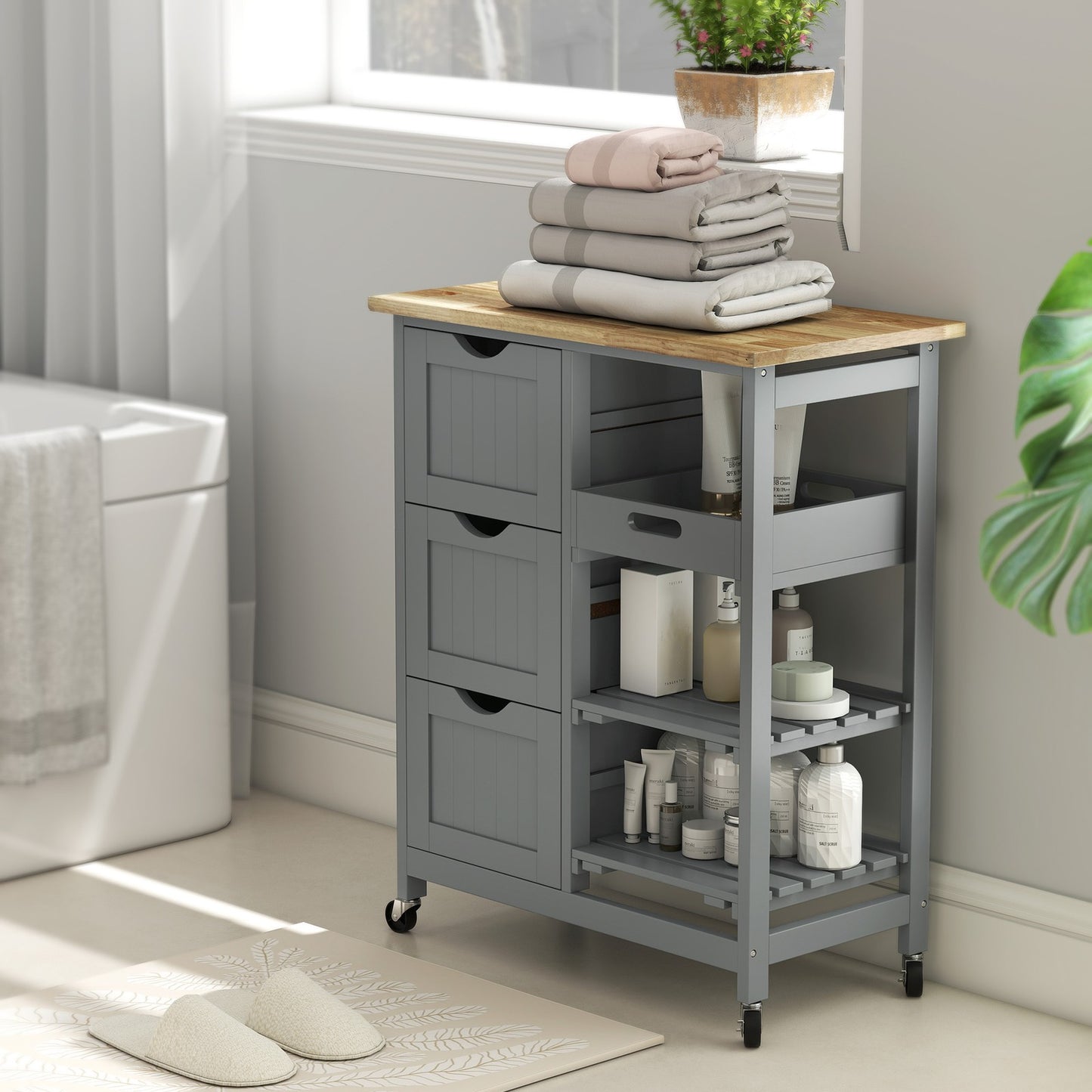 Rolling Kitchen Island Cart, Bar Serving Cart with Drawers, Gray