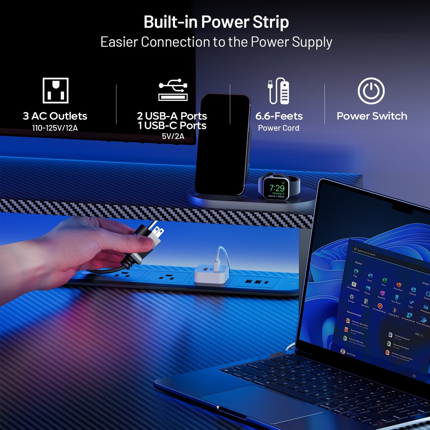 Gaming Desk with LED Lights & Power Outlets, Gamer Desk with Monitor Stand