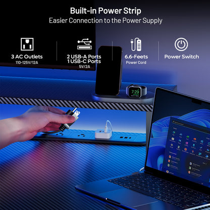 Gaming Desk with LED Lights & Power Outlets, Gamer Desk with Monitor Stand