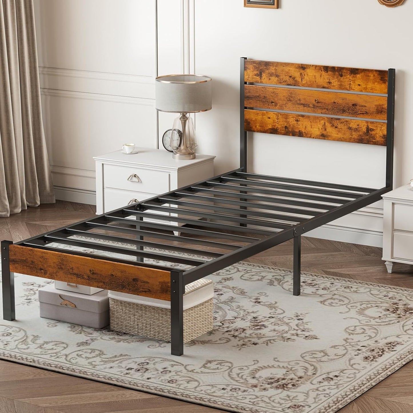 JHK Twin Size Sturdy Metal Platform Bed Frame with Wood Headboard and Footboard