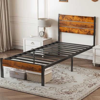 JHK Twin Size Sturdy Metal Platform Bed Frame with Wood Headboard and Footboard