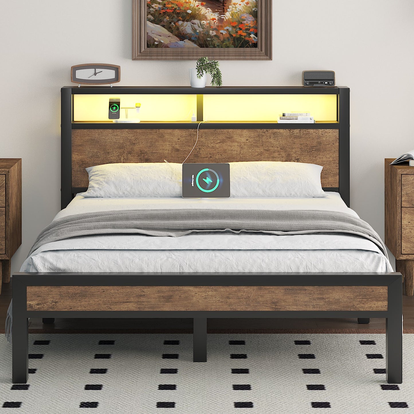 LED Light Bed Frame with 2-Tier Storage Headboard and Charging Station/Grey