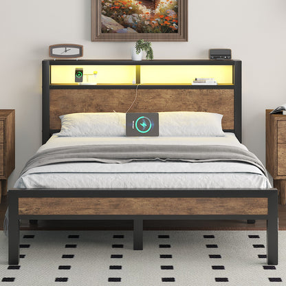 LED Light Bed Frame with 2-Tier Storage Headboard and Charging Station/Grey