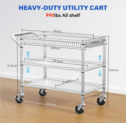 Heavy Duty Utility Cart with Handle 990lbs Capacity Metal 3 Tier Rolling Carts