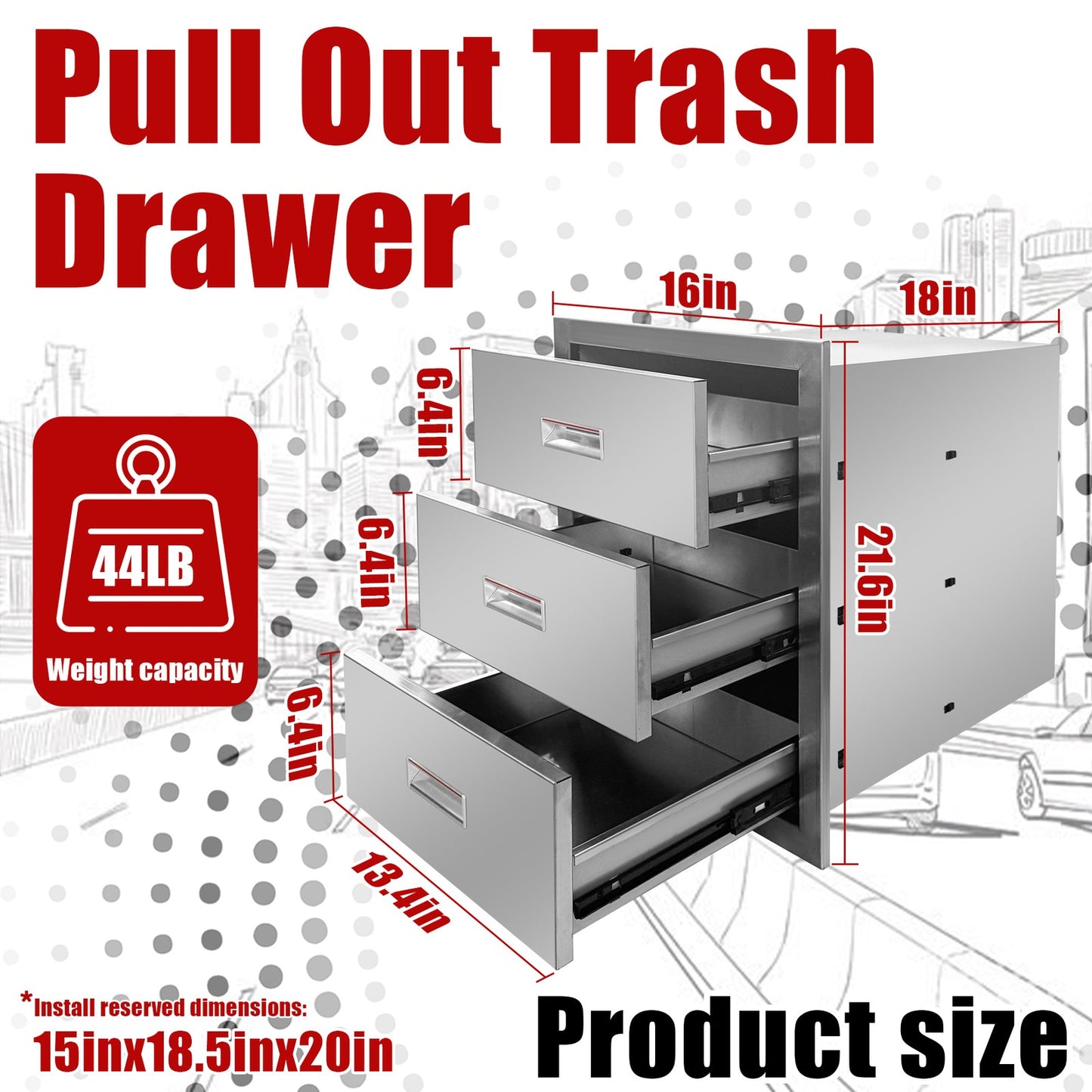 Outdoor Kitchen Drawers Stainless Steel 3-Drawer BBQ Drawer 16"W x 21.5"H x 18"D