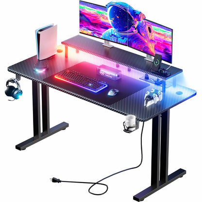 Gaming Desk with LED Lights & Power Outlets, Gamer Desk with Monitor Stand