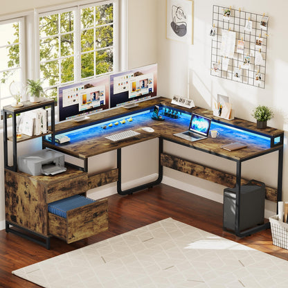 87" L Shaped Desk with File Drawer Reversible Computer Desk with Power Outlets