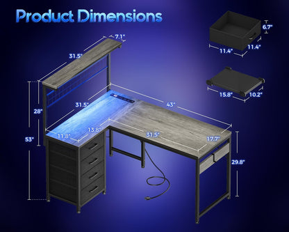 Office Table Reversible Computer Desk L Shaped Gaming Desk w/ Hook & LED Lights