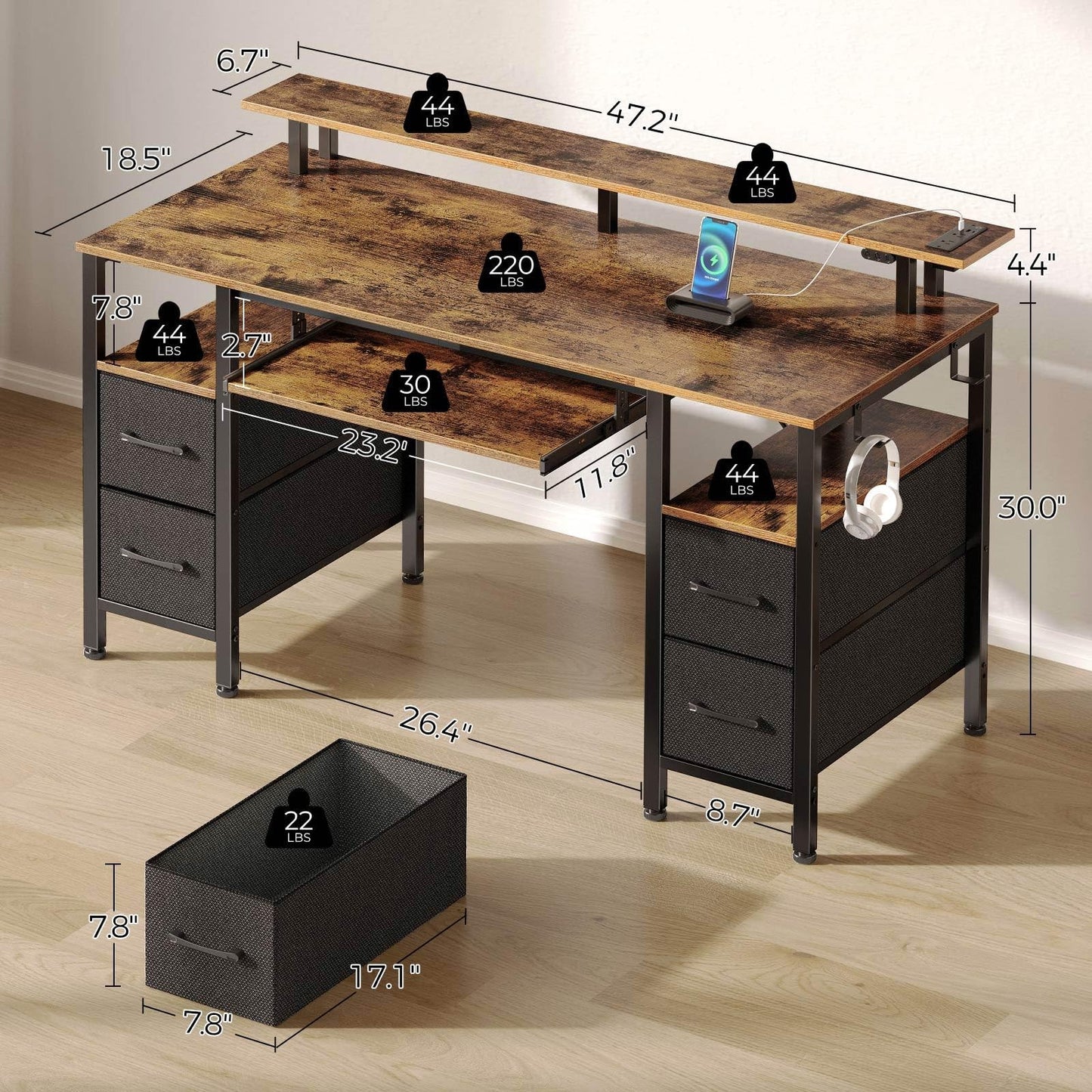 Computer Desk 47.2" with LED Lights & Power Outlets, Home Office Desk with 4 ...