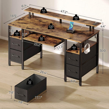 Computer Desk 47.2" with LED Lights & Power Outlets, Home Office Desk with 4 ...