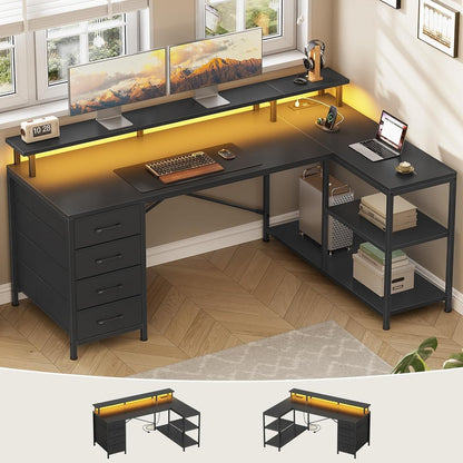 L Shaped Desk with 4 Drawers &Storage Shelves, Corner Computer Desk w/LED Lights