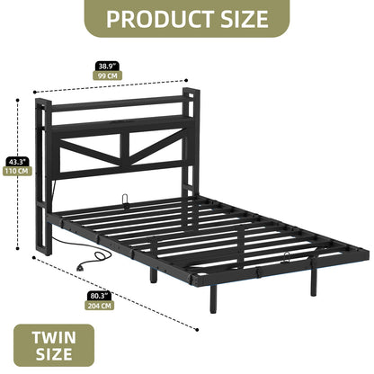 Twin Size Floating Bedroom Bed Frame with USB Charging Port & LED Lights Metal