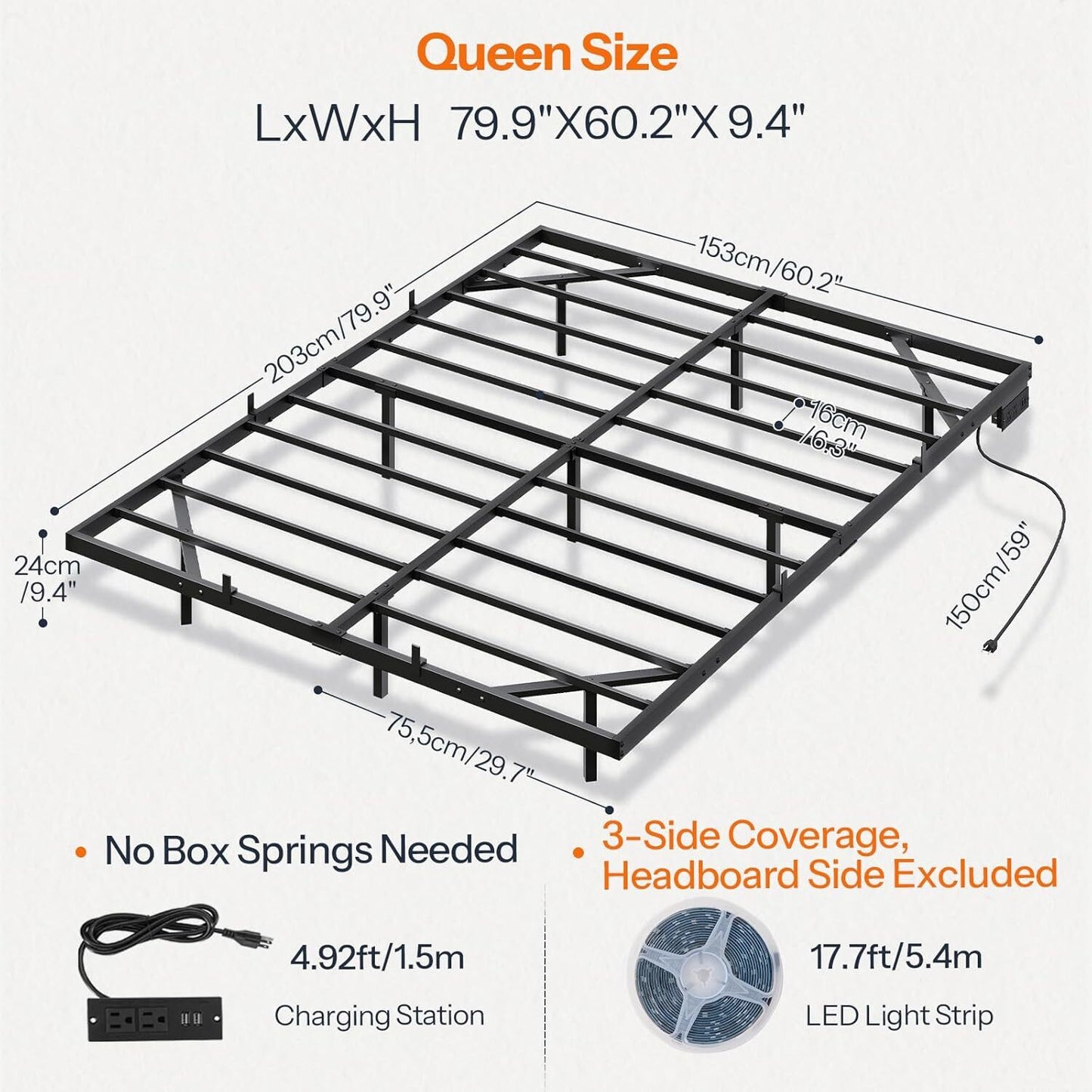 HOOBRO Floating Bed Frame Queen Size Bed Frame w/Charging Station and LED Lights