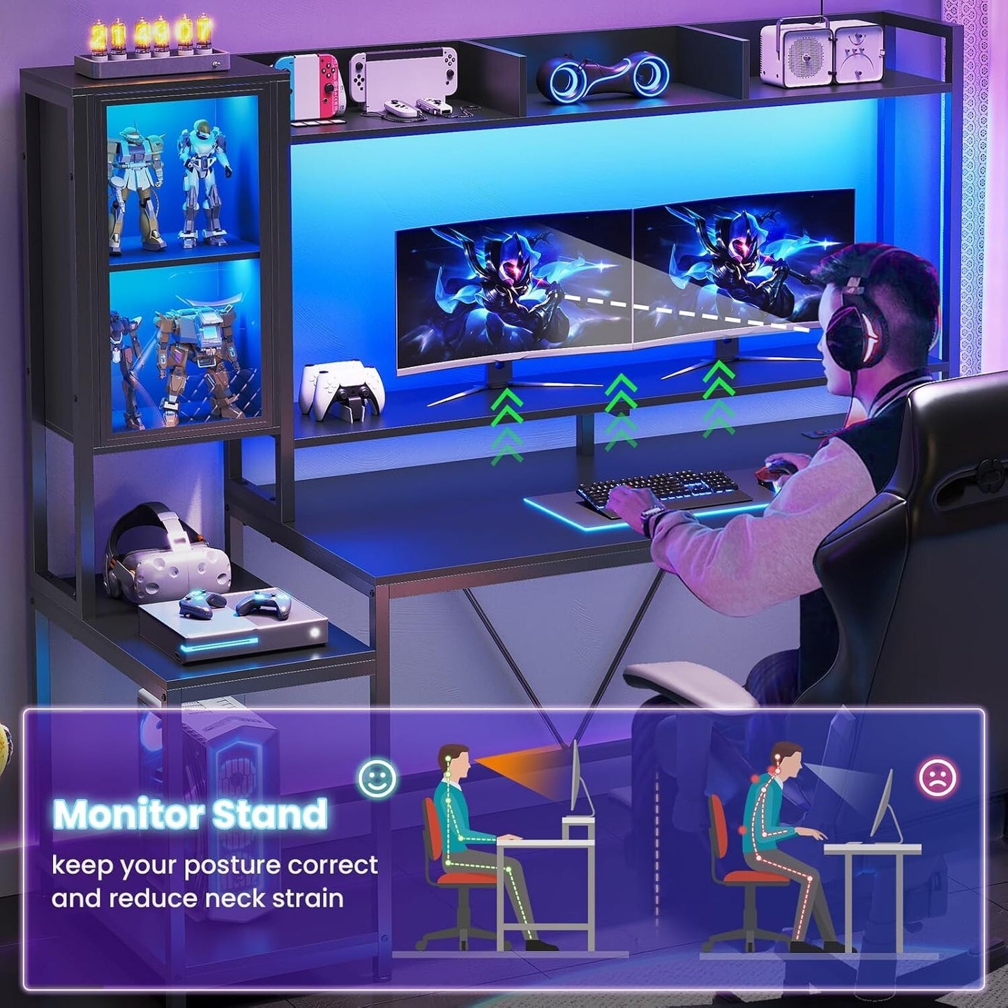 60'' Gaming Desk with Hutch and LED Lights, Computer Desk with Storage Shelves