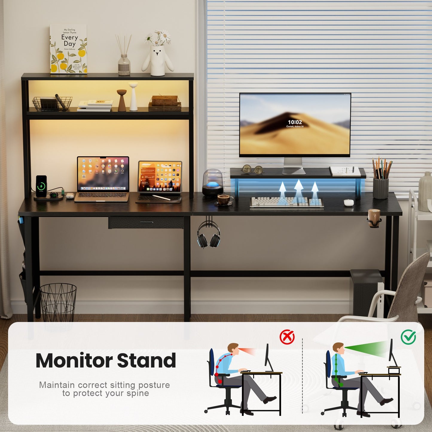 L Shaped Gaming Desk with LED & Power Outlets, Computer Desk with Monitor Stand