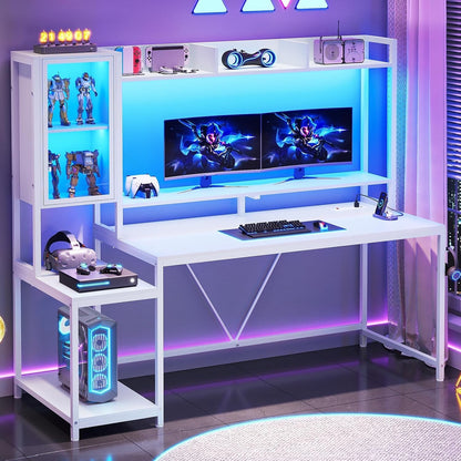 60'' Gaming Desk with Hutch and LED Lights, Computer Desk with Storage Shelves