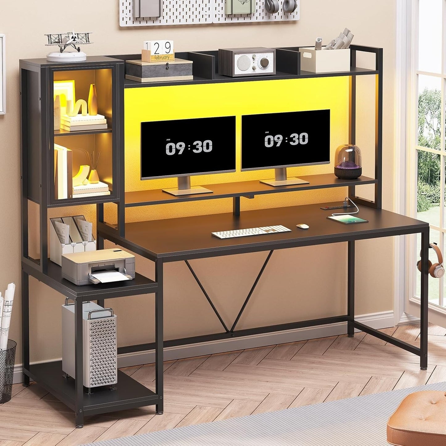 60'' Gaming Desk with Hutch and LED Lights, Computer Desk with Storage Shelves