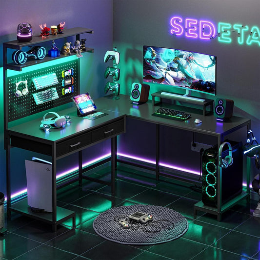 L Shaped Gaming Desk with LED Lights&Monitor Stand Computer Desk for Home Office
