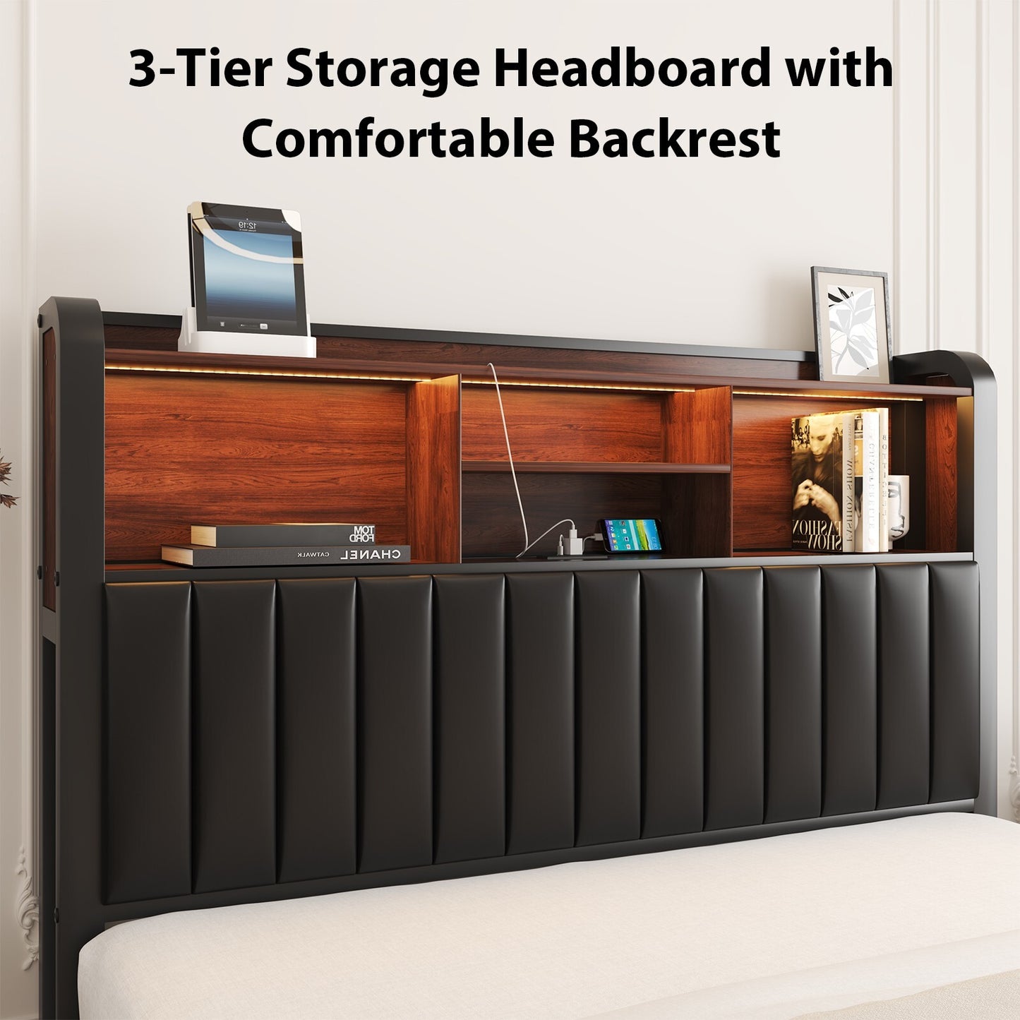 Queen Size LED Bed Frame with 3-Tier Storage Headboard＆Charging Station