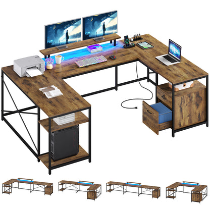 79 inch U Shaped Desk with Power Outlets & LED Lights Reversible Computer Desk