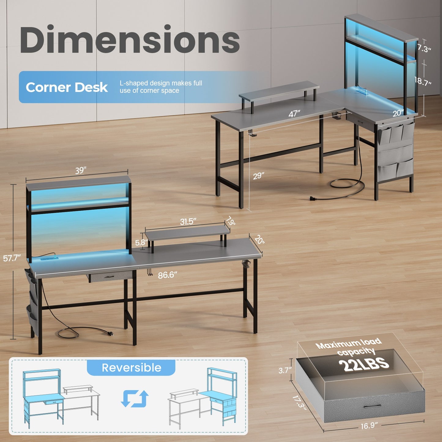 L Shaped Gaming Desk with LED & Power Outlets, Computer Desk with Monitor Stand