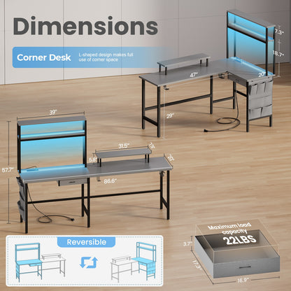 L Shaped Gaming Desk with LED & Power Outlets, Computer Desk with Monitor Stand