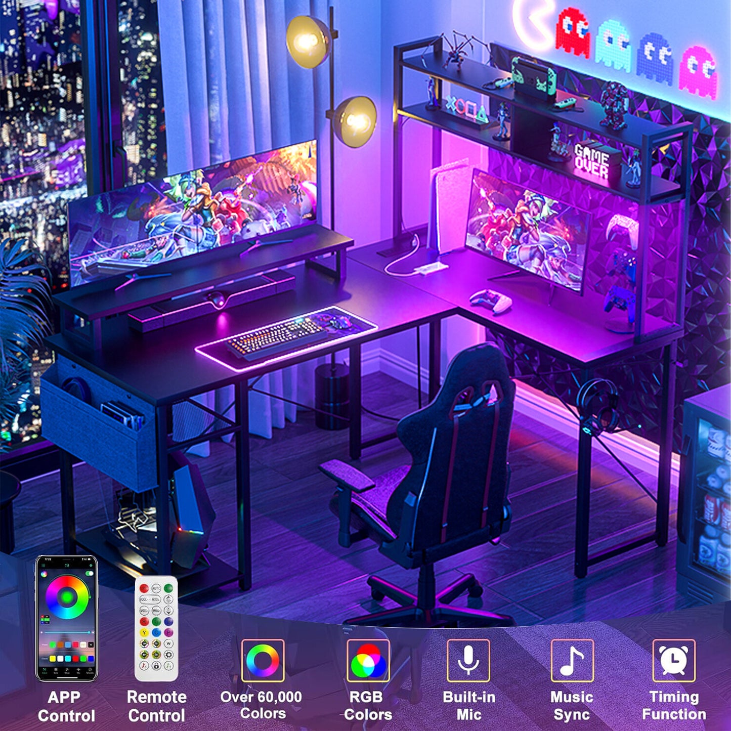 Reversible L-Shaped Computer Desk Gaming Desk with LED Lights and Power Outlets