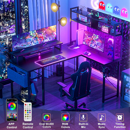 Reversible L-Shaped Computer Desk Gaming Desk with LED Lights and Power Outlets