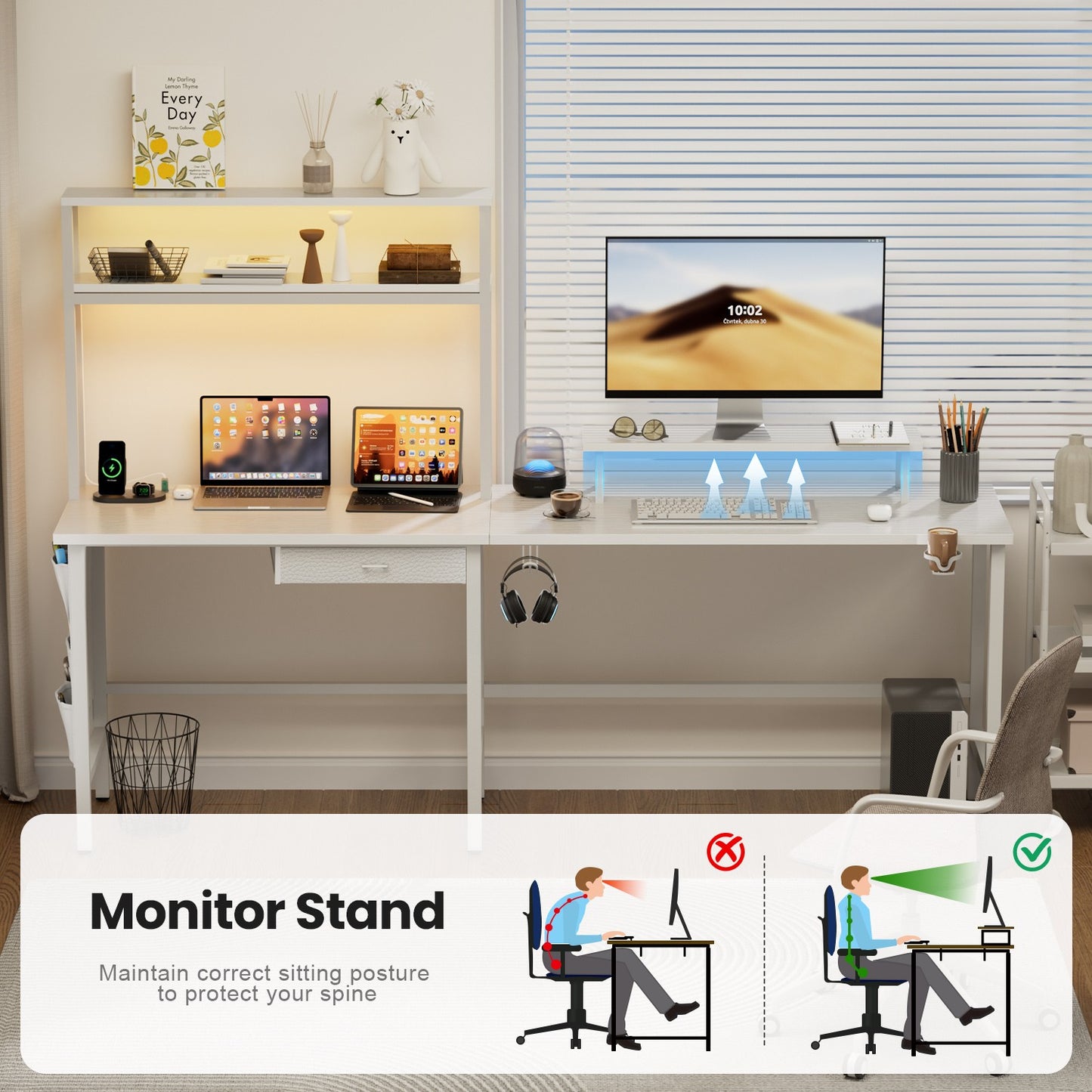 L Shaped Gaming Desk with LED & Power Outlets, Computer Desk with Monitor Stand